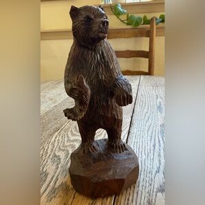 Hand carved Rustic Brown Bear Sculpture holding a Fish